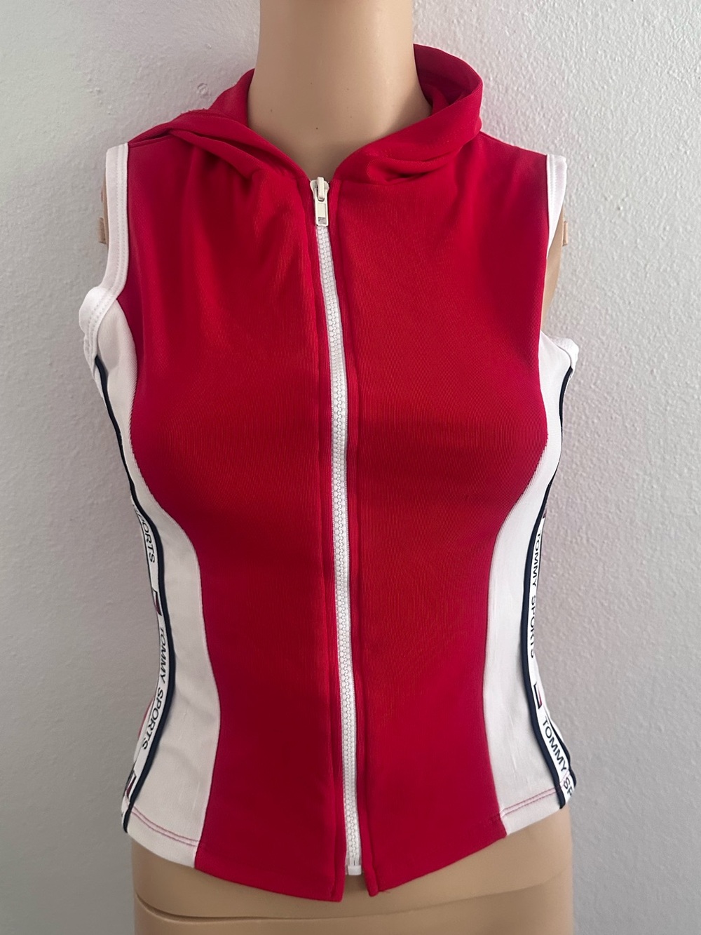 Vintage 90s Tommy Sports Red & White Sleeveless Zip-Up Hoodie Tank